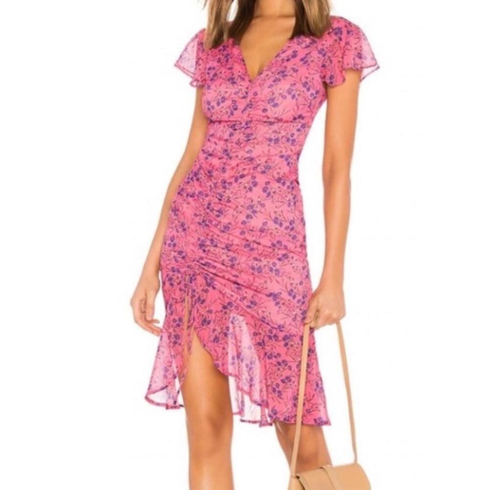 MAJORELLE Pink & Purple Floral Ruched V-Neck Midi Dress